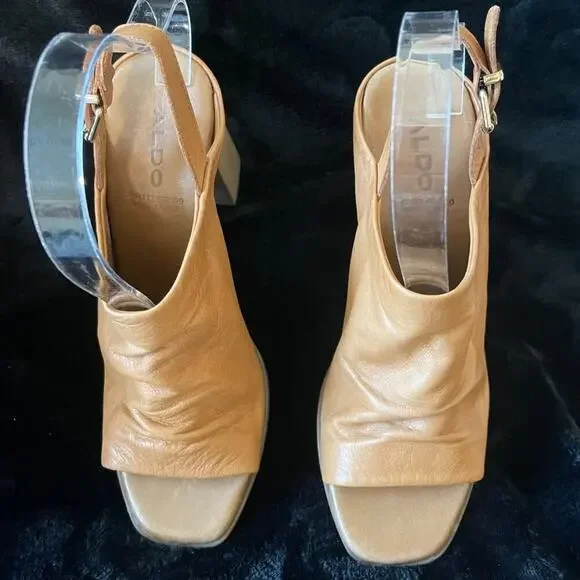 Aldo Camel Leather Heeled Sandals Women’s Size 6.5 Peep Toe Slingback Block Heel - Picture 1 of 8